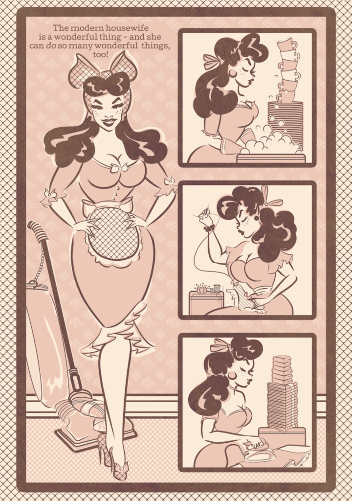A series of panels in pink and brown from the comic SUGAR MAY IS A GOOD WIFE show the voluptuous Sugar May doing various chores. Art by Sugar May