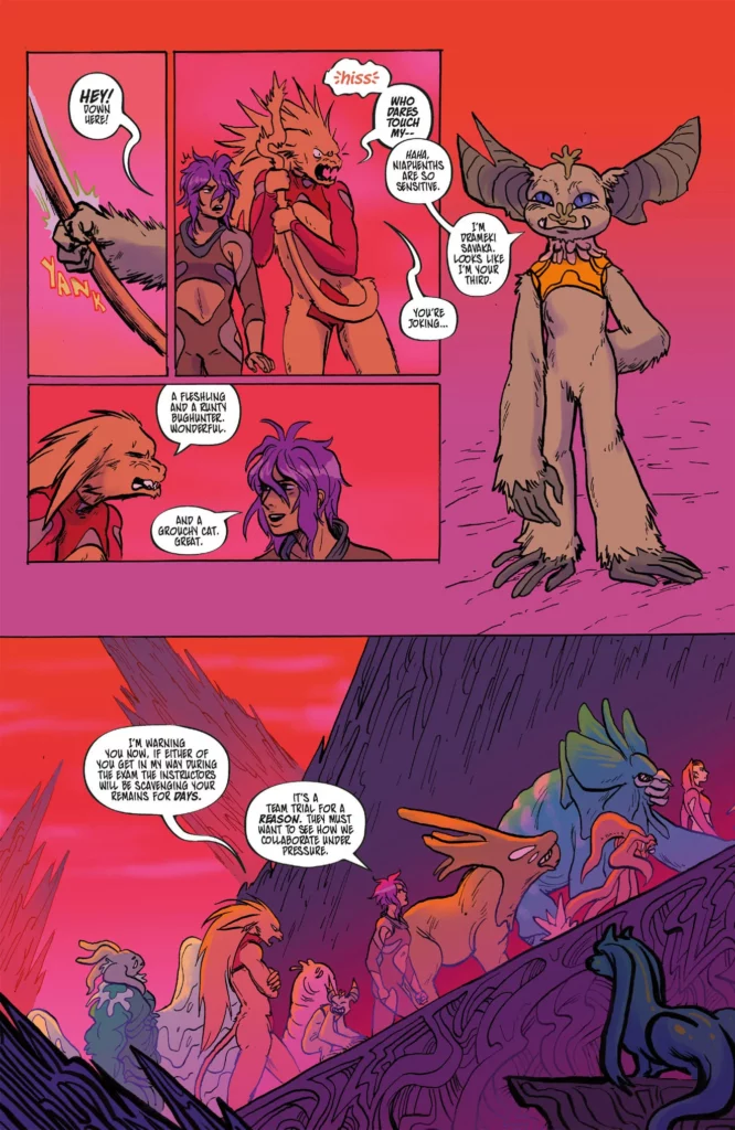 Panels from Prism Stalker: The Weeping Star show alien people with non-humanoid bodies except for one woman with purple hair. They are rendered in pink, purples, and reds. Art by Sloane Leong