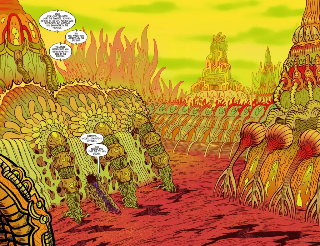 A page spread from Prism Stalker: The Weeping Star that shows a landscape of an alien planet in yellows and greens and reds. We can't even see the characters becuase we are so zoomed out. Art by Sloane Leong