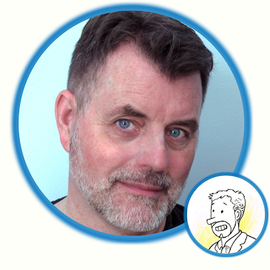Two images of Rob Kirby appear inside blue circles. The larger is a photo of Rob, a white cartoonist with brown hair and a gray brown beard. He has piercing blue eyes. The smaller photo is a self-portrait by the artist showing himself with a beard and a suit.