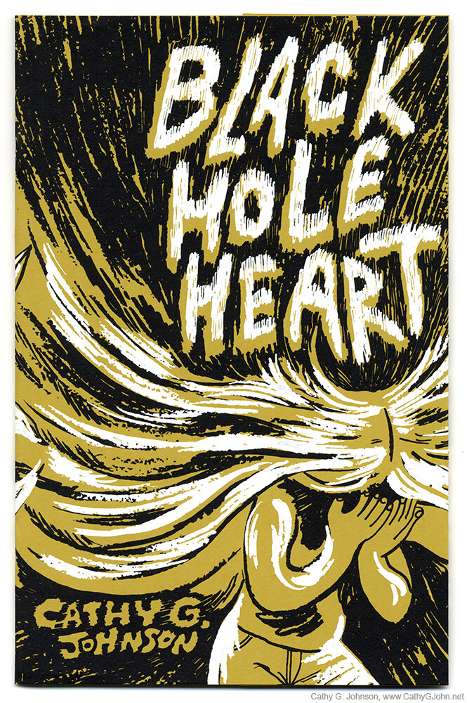 A person holds their head while their hair flows out in all directions. This is the cover of Black Hole Heart