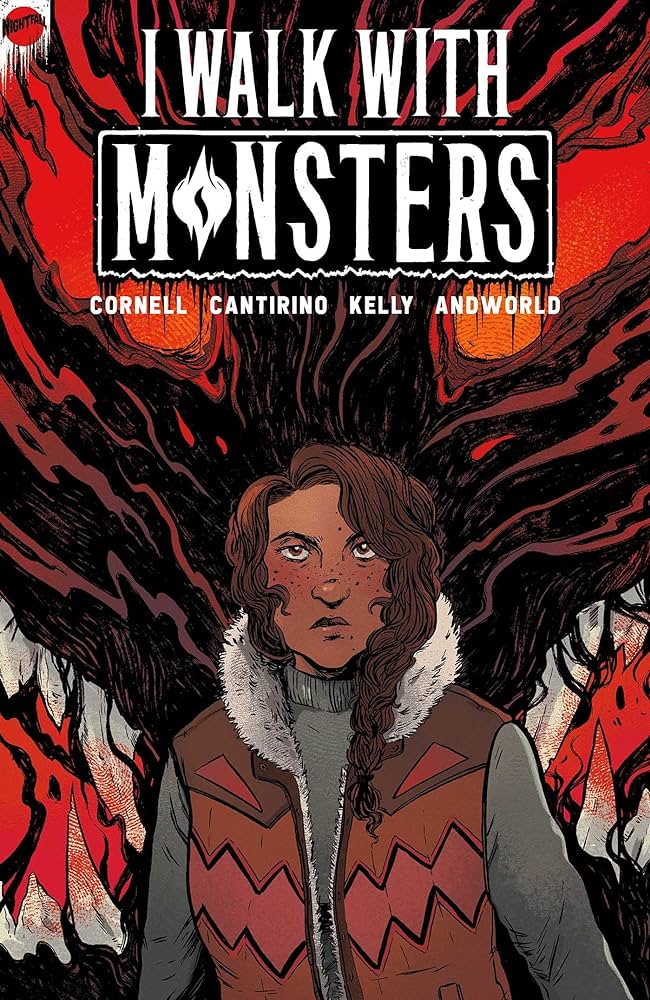 A cover shows a person in a vest with a fuzzy hood standing in front of an amorphous black and brown cloud. This is the cover of I Walk with Monsters.