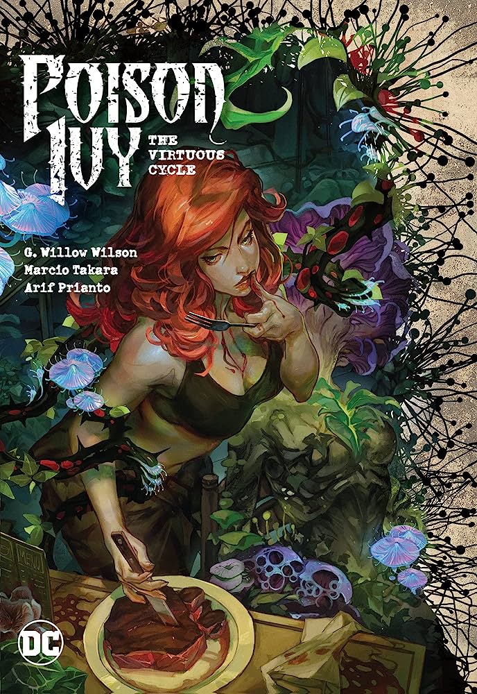 Poison Ivy wipes her mouth, blood running down her chin. She holds a fork in her hand. This is the cover of Poison Ivy: The Virtuous Cycle