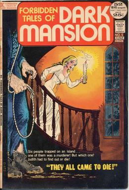 The cover of Forbidden Tales of Dark Mansion shows someone walking down the stairs with candle. Someone else lies in wait.