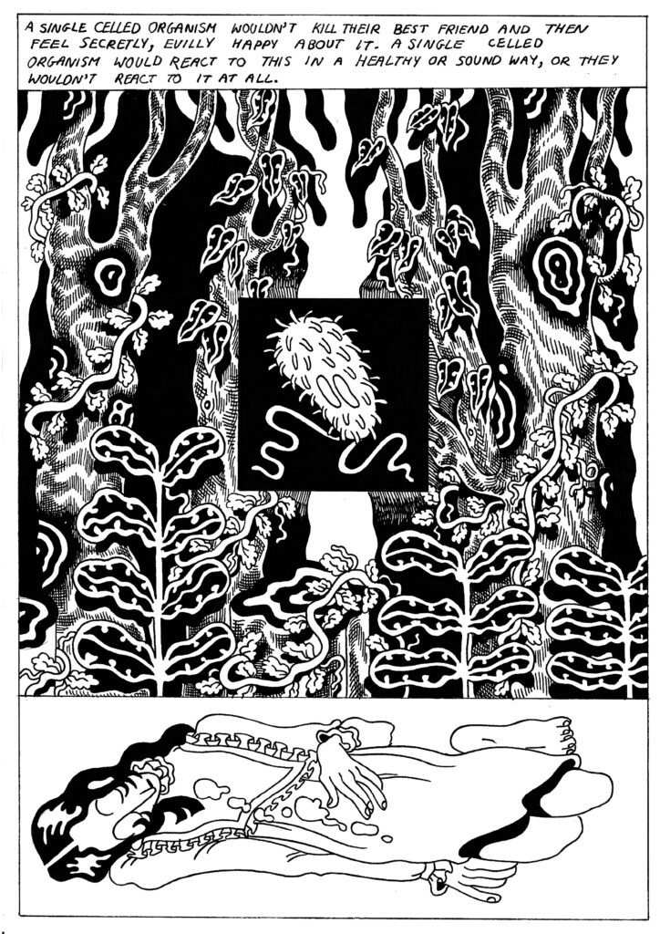 Three panels show a prokaryote against a trippy forest and finally, Laurelie passed out on the ground, ill.
