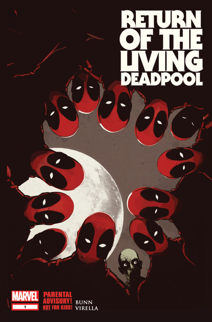 The cover of the TPB for Return of the Living Deadpool shows 12 Deadpools and a zombie gathered looking down at the viewer. A full moon rises behind them