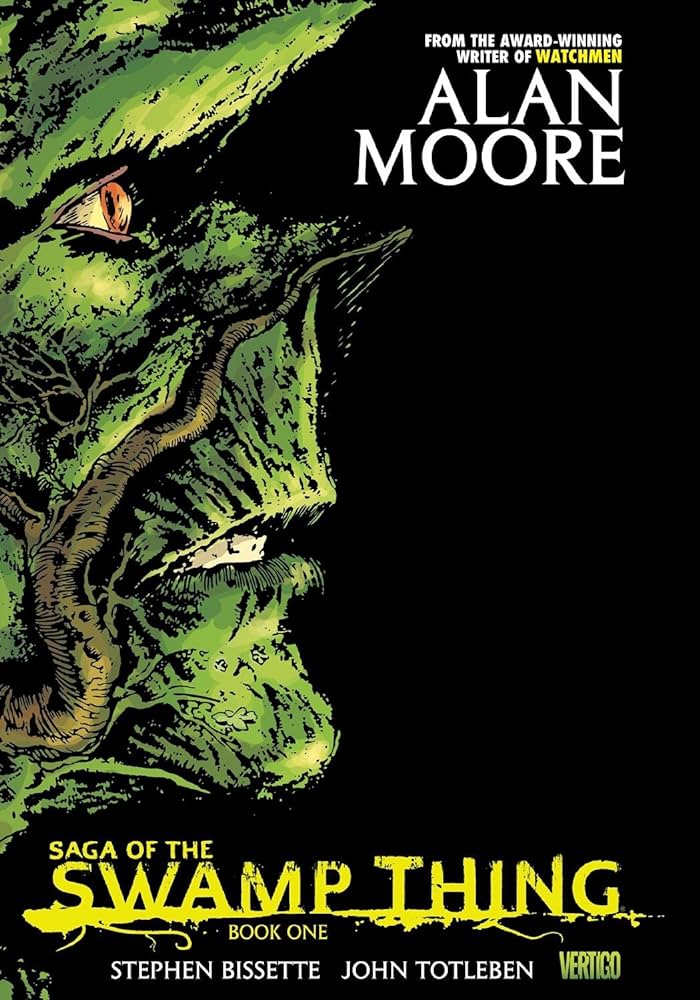 The cover of the TPB for Saga of the Swamp Thing Book 1 shows Swamp Thing's face in profile. Swamp Thing is green and has a root growing across their face.