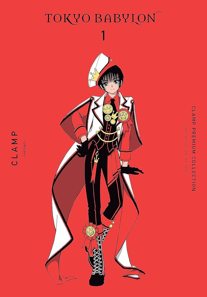 A red cover shows a person dressed in military-ish garb with a crooked hat with a crown. the cover of Tokyo Babylon by Clamp