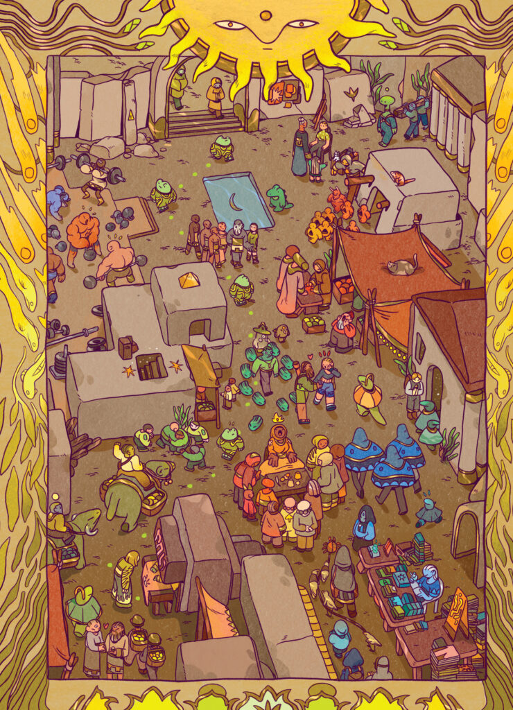 A full page spread shows Grog running through a market causing chaos.
