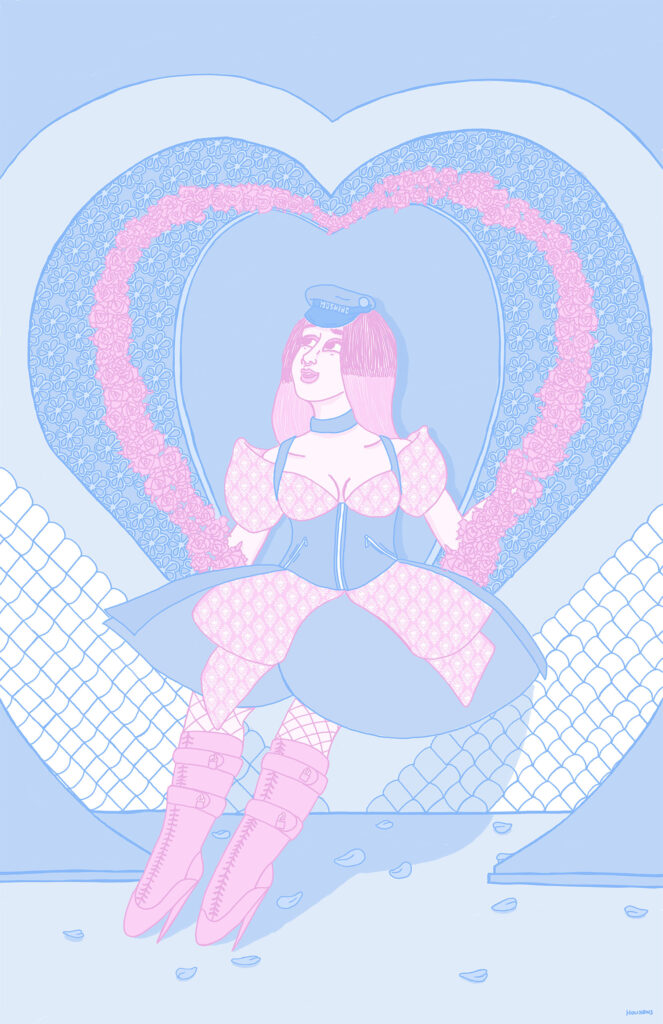 The cover for Transcription shows Veronique Emma Houxbois sitting in a heart shaped chair wearing leather and pink, looking hopefully off page.