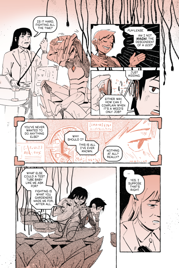 Five panels of the two-tone comic Of Thunder and Lightning by Kimberly Wang shows Magni being operated on and and adjusted by a gardener.