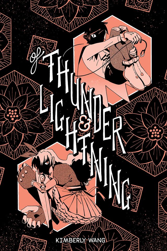 The cover of Of Thunder & Lightning by Kimberly Wang shows the two main characters, their faces fully in shadow. Geometric shapes and flowers fill the void between them. The cover is in light orange and black.