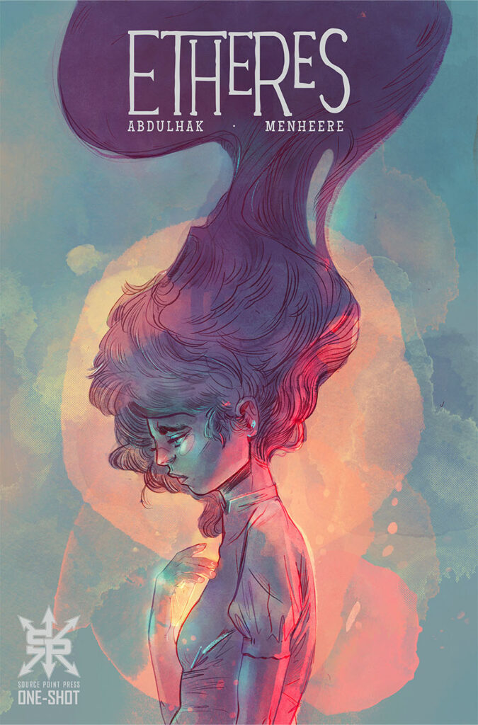 The cover of Etheres shows Valerie in simple, wrinkled outfit, looking off the page. Behind them a light glows soft against a blue backdrop. Valerie's hair floats up above them and the name of the one-shot appears in their hair: Etheres by Abdulhak and Menheere