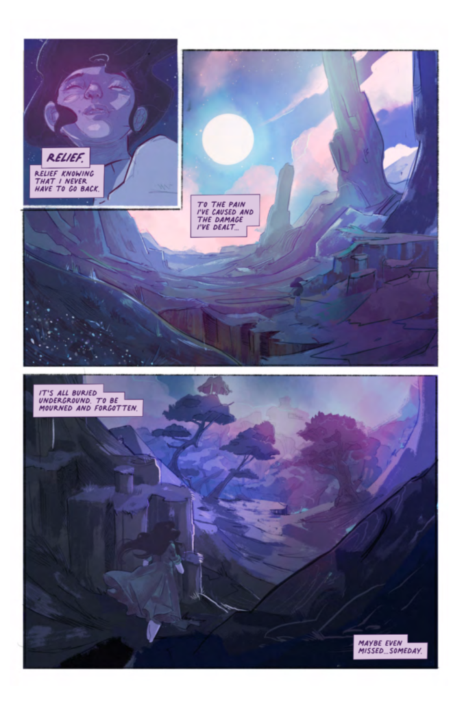 Three comic panels fill a page. They are rendered in dreamy blues, purples, and pinks. It shows Valerie walking through valleys of big rocks toward a forested area.