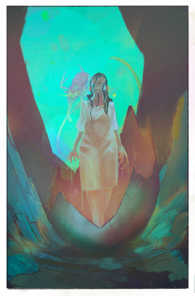 A person with long dark hair in a smock stands in a broken human-sized egg with a yoke-like substance dripping off of them. Behind them an animal with antlers approaches. The image is in dreamy blues, purples, and greens and is from Etheres.