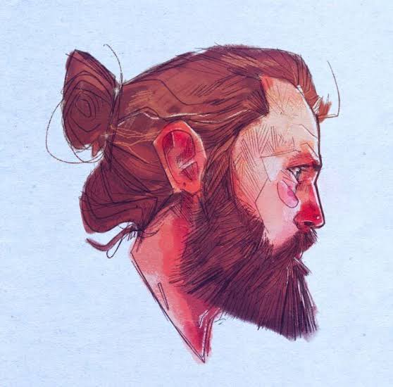 A drawing of Dennis Menheere, a white Dutch comic artist and colorist. Shown in profile, he has a big dark red beard and red hair pulled into a bun.