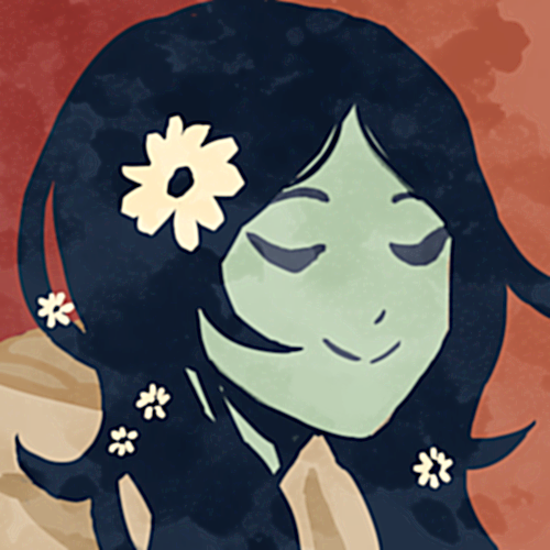 A self-portrait of Keezy Young as a slightly green-faced person with flowers in their long dark hair. Keezy is set against an orange backdrop.