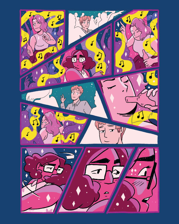 A page from the comic How Could You has 11 panels that are triangular, trapezoidal, etc. and are all rendered in vibrant colors of pink, purple, and green. There are no words, but music notes are rising through the air in yellow bands as people dance and party. Two people catch each other's eye across the party, but one of them whips and turns away.
