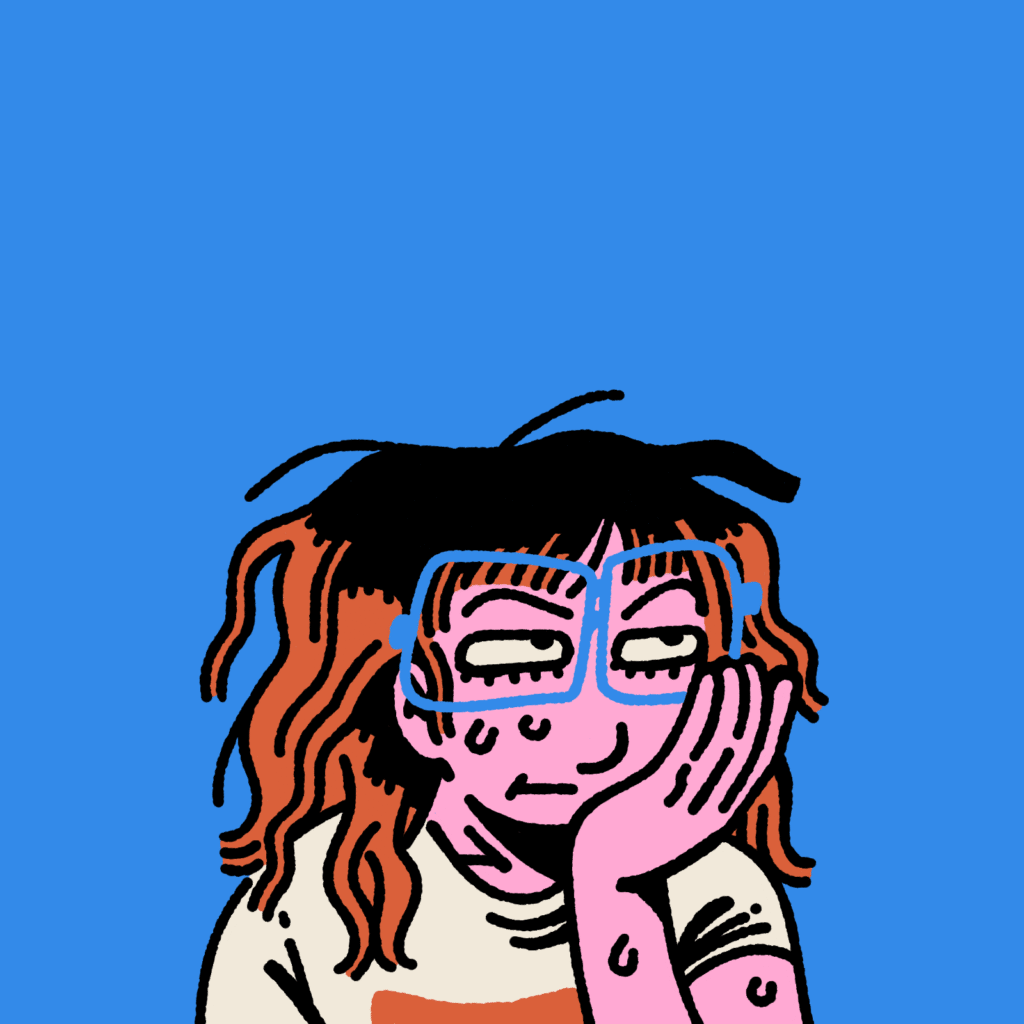 A self-portrait by Jade LFT Peters showing the artist with orange-black hair, blue glasses, and pink skin. They have an eyebrow raised, seeming to look off-screen dubiously.
