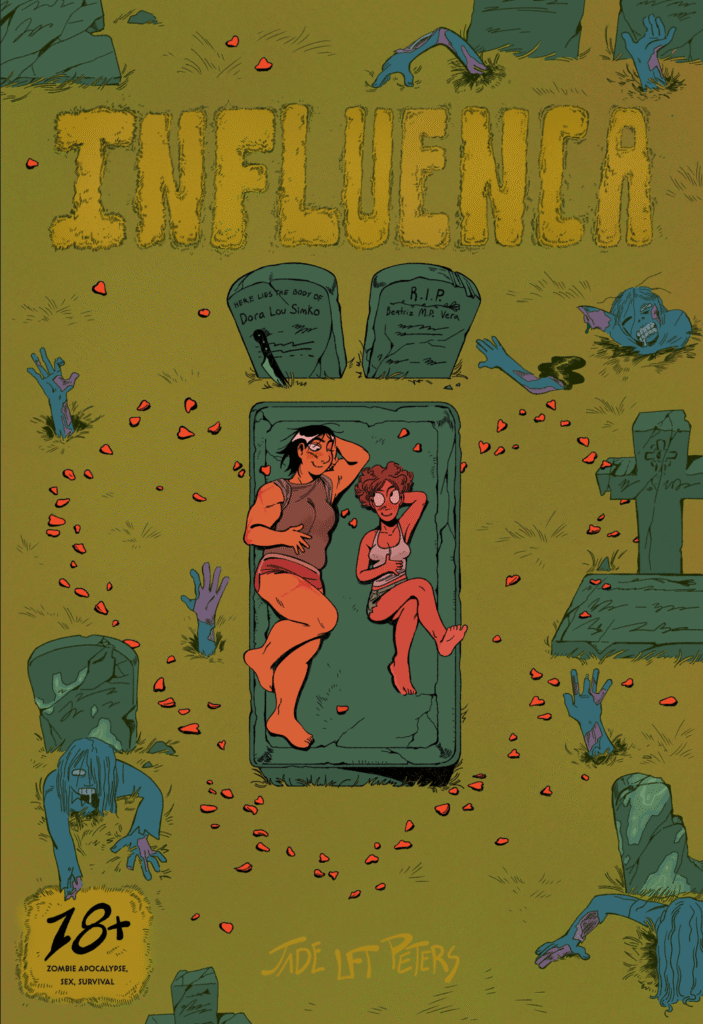 The cover of Influenca by Jade LFT Peters shows two people lounging on top of a stone casket in a graveyard. They are surrounded by rose petals and zombies crawling from the ground.
It also has an 18+ label with: zombie apocalypse, sex, survival